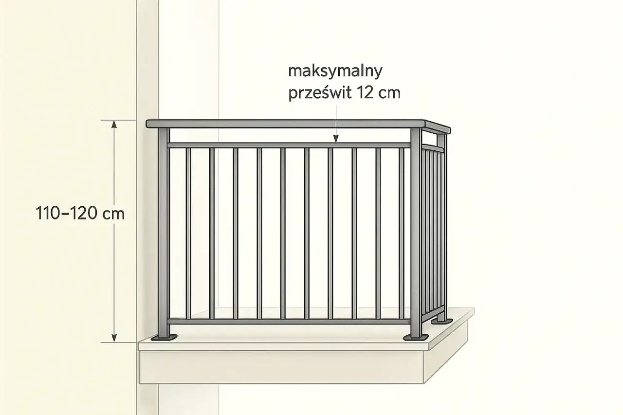 Wysokość balustrady balkonowej 110-120 cm, maksymalny prześwit 12 cm. Bezpieczeństwo przede wszystkim!