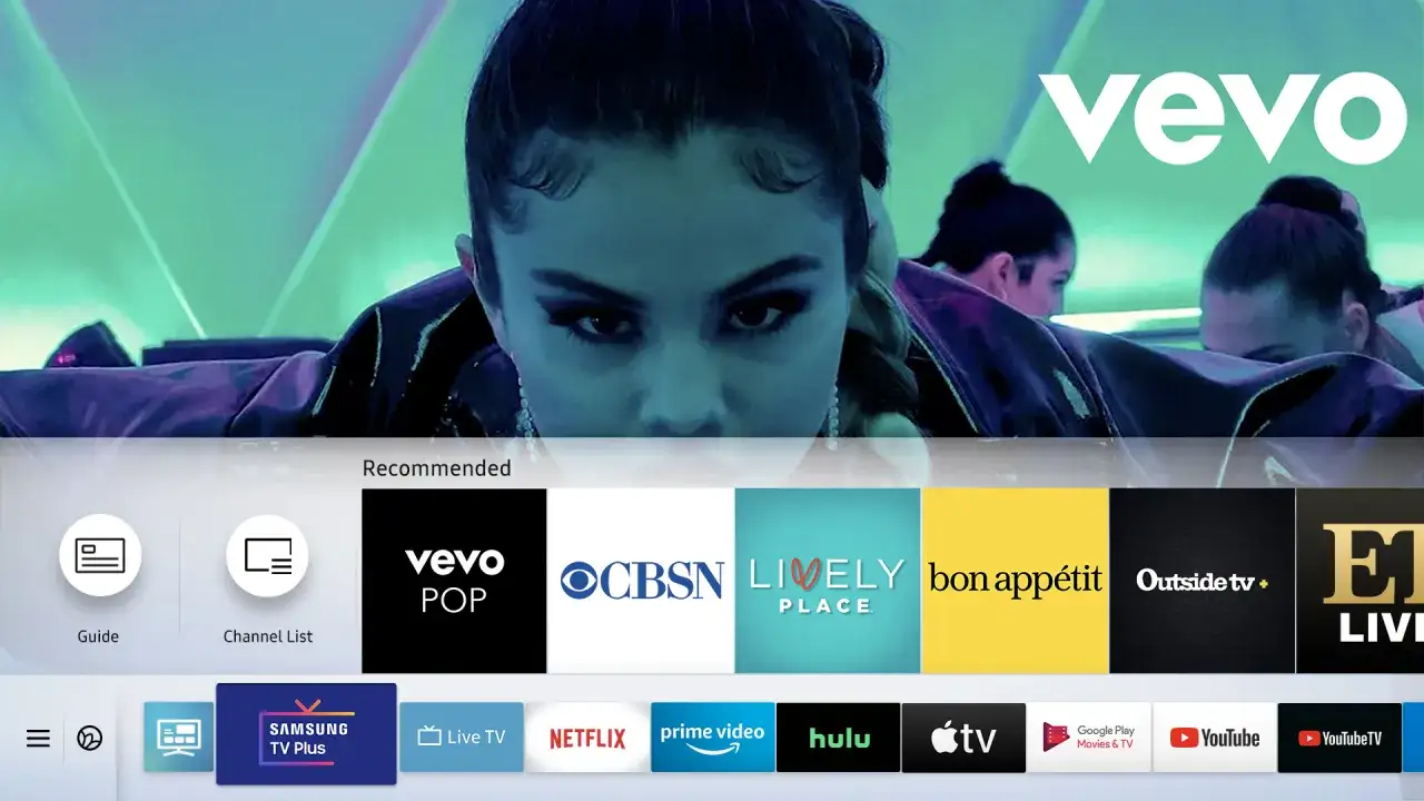 Vevo ist eine Musikvideoplattform, die hier als empfohlener Kanal auf einem Smart-TV-Men&uuml; angezeigt wird.