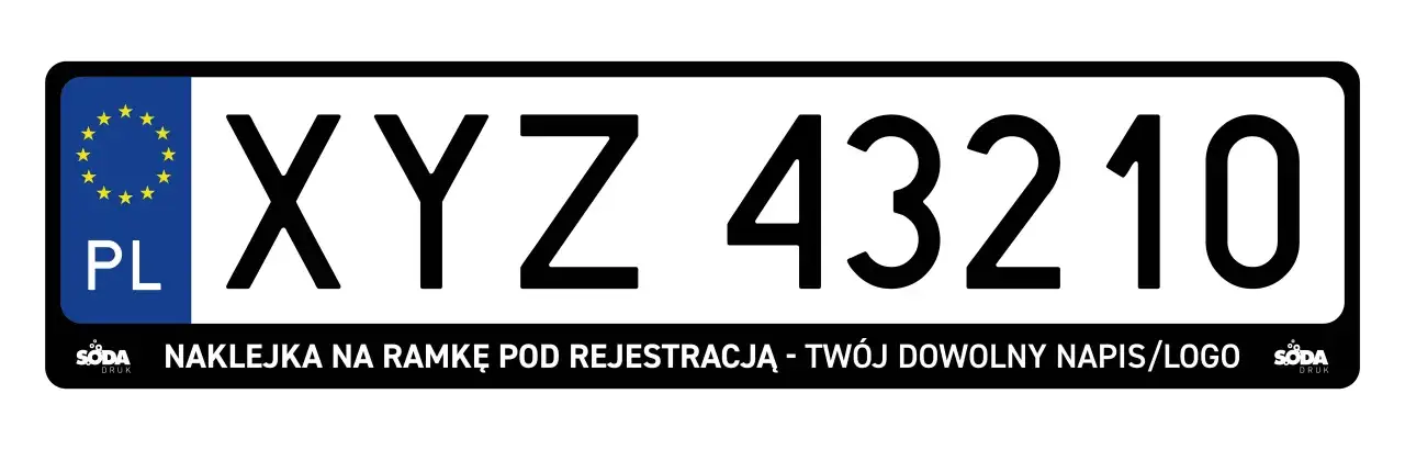Naklejka na ramkę pod rejestracją z napisem XYZ 43210.