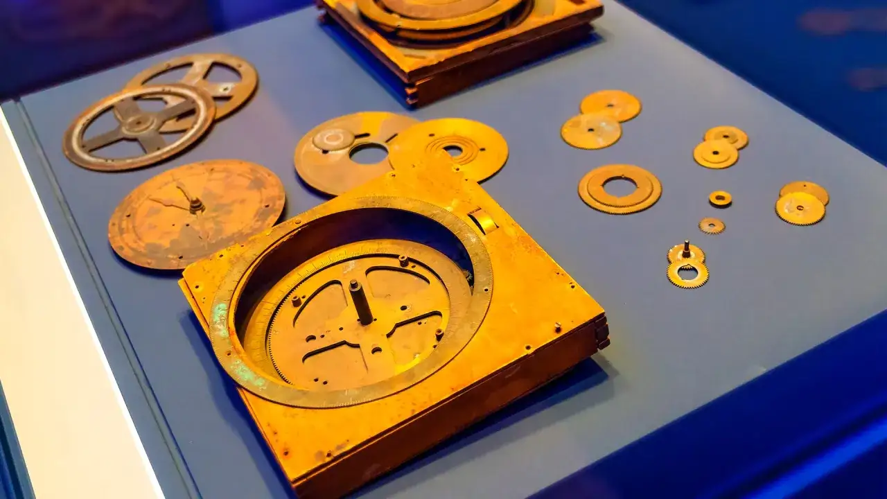 Fragmenty mechanizmu antyckiego komputera **Antikythera**, zębate koła i tarcze, ukazują skomplikowaną inżynierię starożytności.