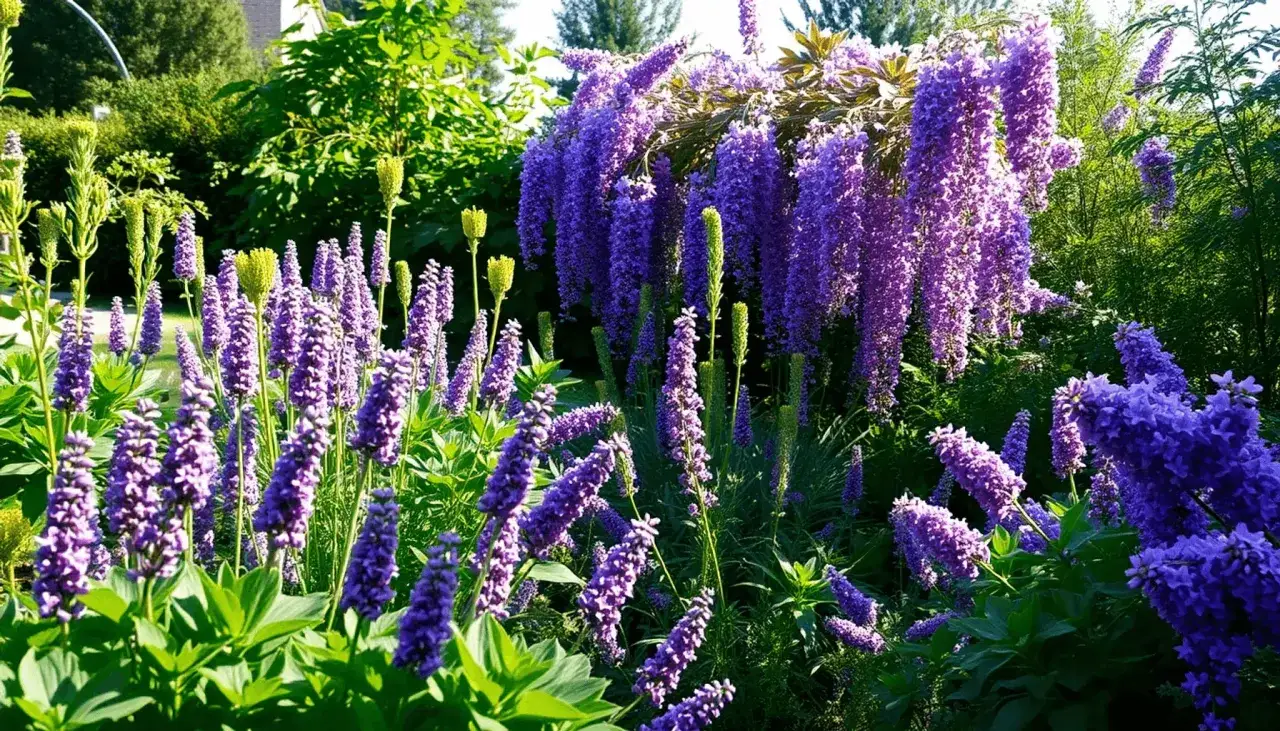 Un jardin luxuriant déborde de fleurs violettes, certaines dressées en épis, d'autres tombant en cascades.