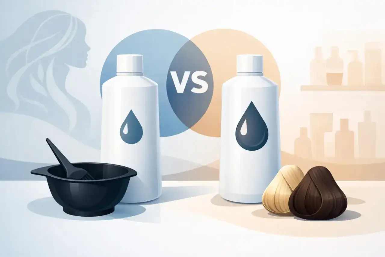 Dwie butelki z kroplą, jedna z miseczką i pędzlem, druga z próbkami blond i brązowych włosów. Porównanie produktów do koloryzacji, w tym utleniacz 6 procent.