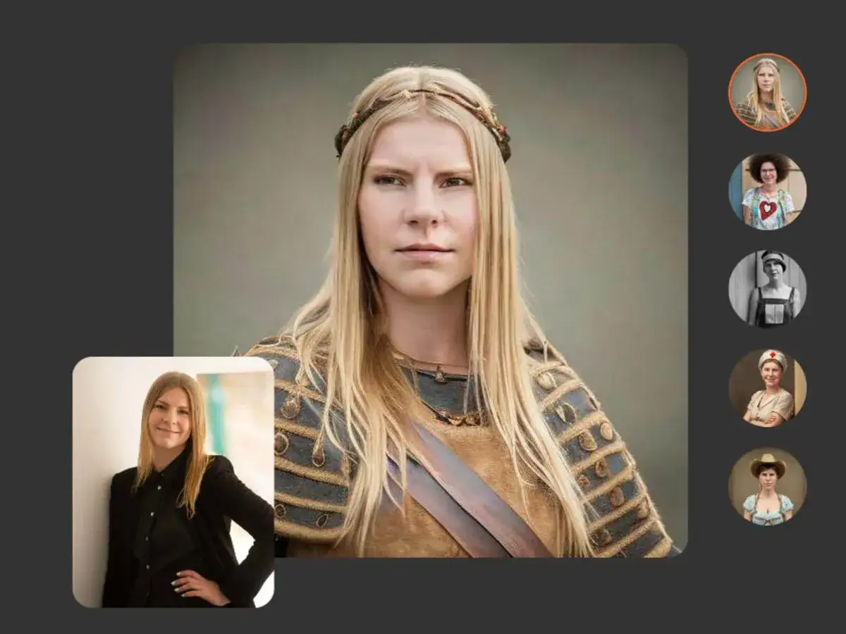 Une femme blonde en tenue m&eacute;di&eacute;vale, r&eacute;sultat de myheritage ai time machine, avec des portraits historiques sur la droite.