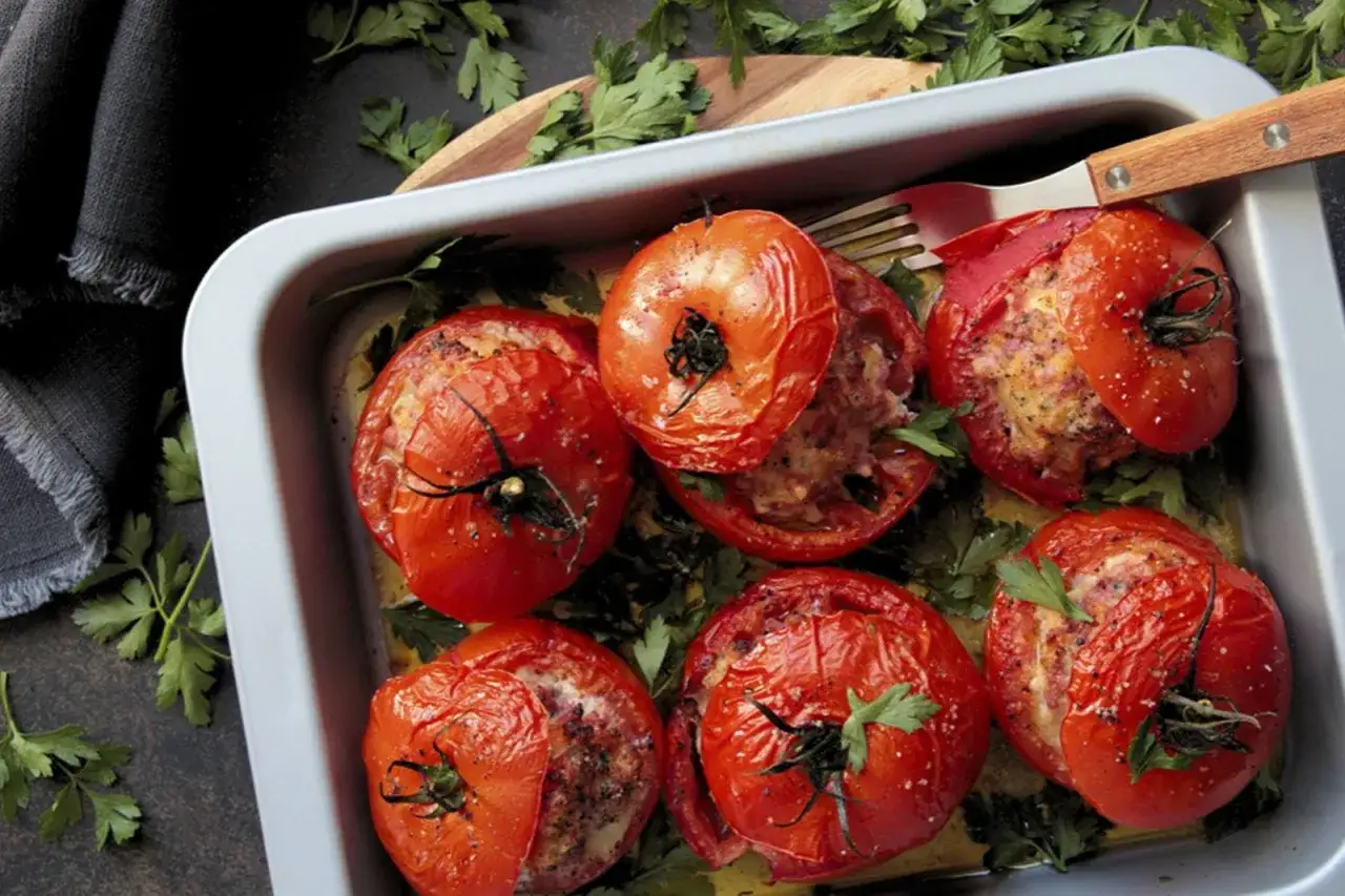 Six tomates farcies dorées, garnies d'une farce savoureuse, reposent dans un plat, entourées de persil frais.