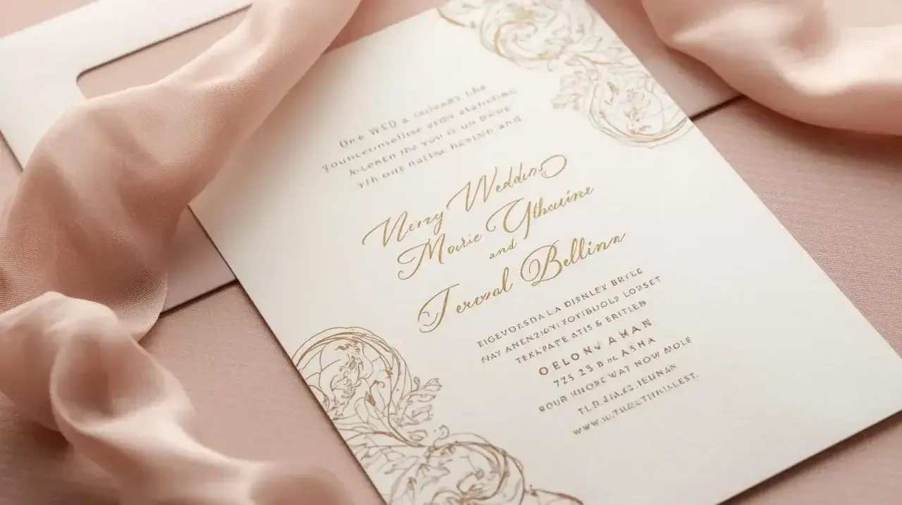 Invitation de mariage élégante avec des ornements dorés. Une belle façon d'annoncer le mariage d'un collègue de travail.