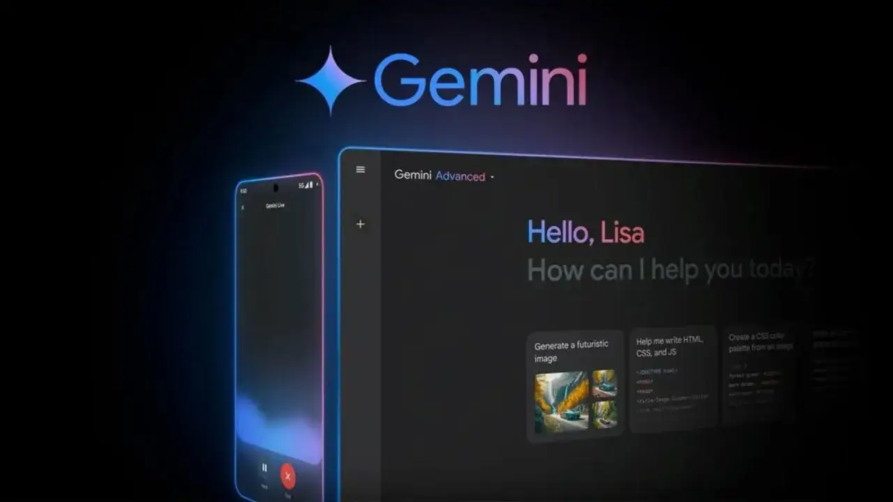 Logo Gemini i interfejs Gemini Advanced na ekranie, obok smartfon z aplikacją Gemini Live.