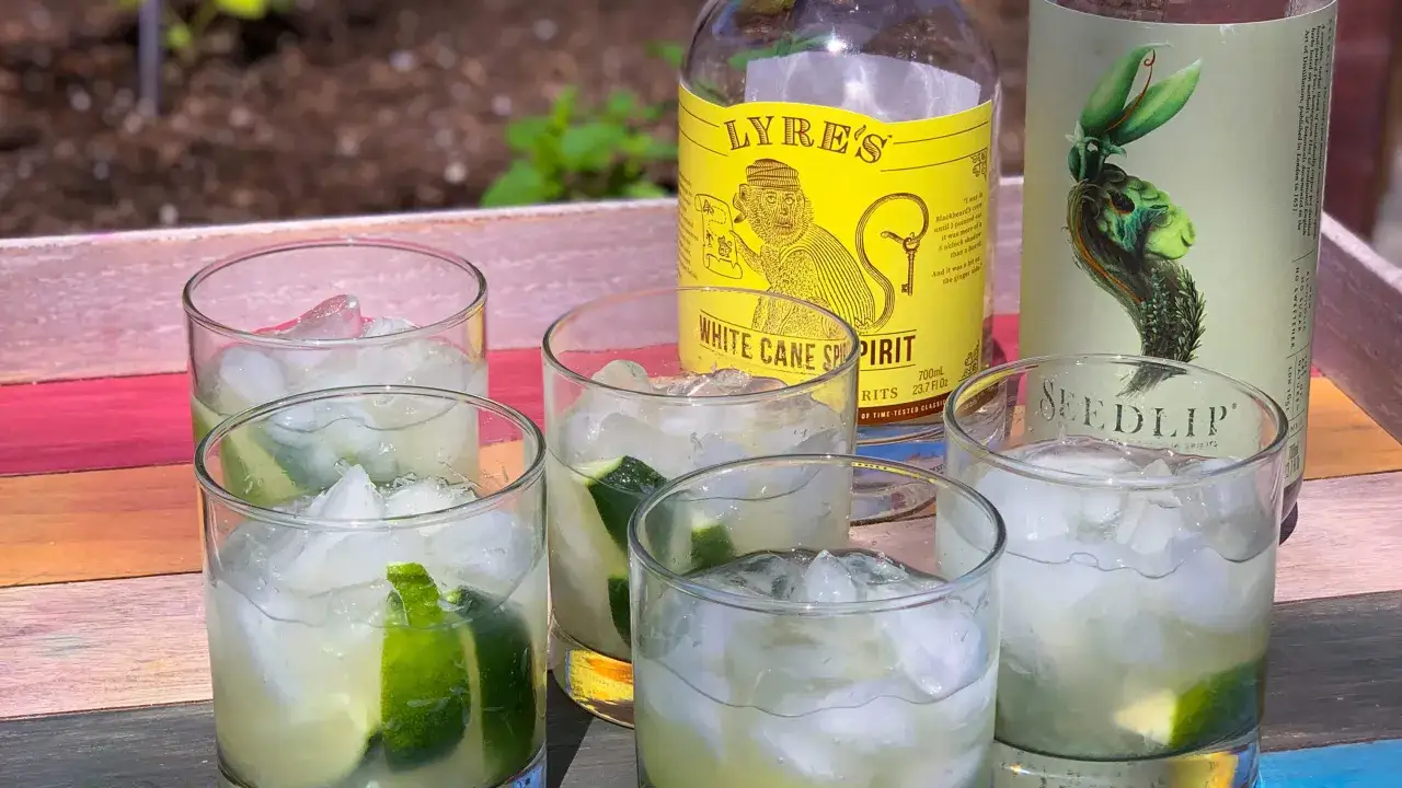 Orzeźwiające drinki z limonką i lodem, obok butelek Lyre's White Cane Spirit i Seedlip. Idealne na letnie wieczory, gdy szukasz czegoś mocniejszego, ale bez procentów.