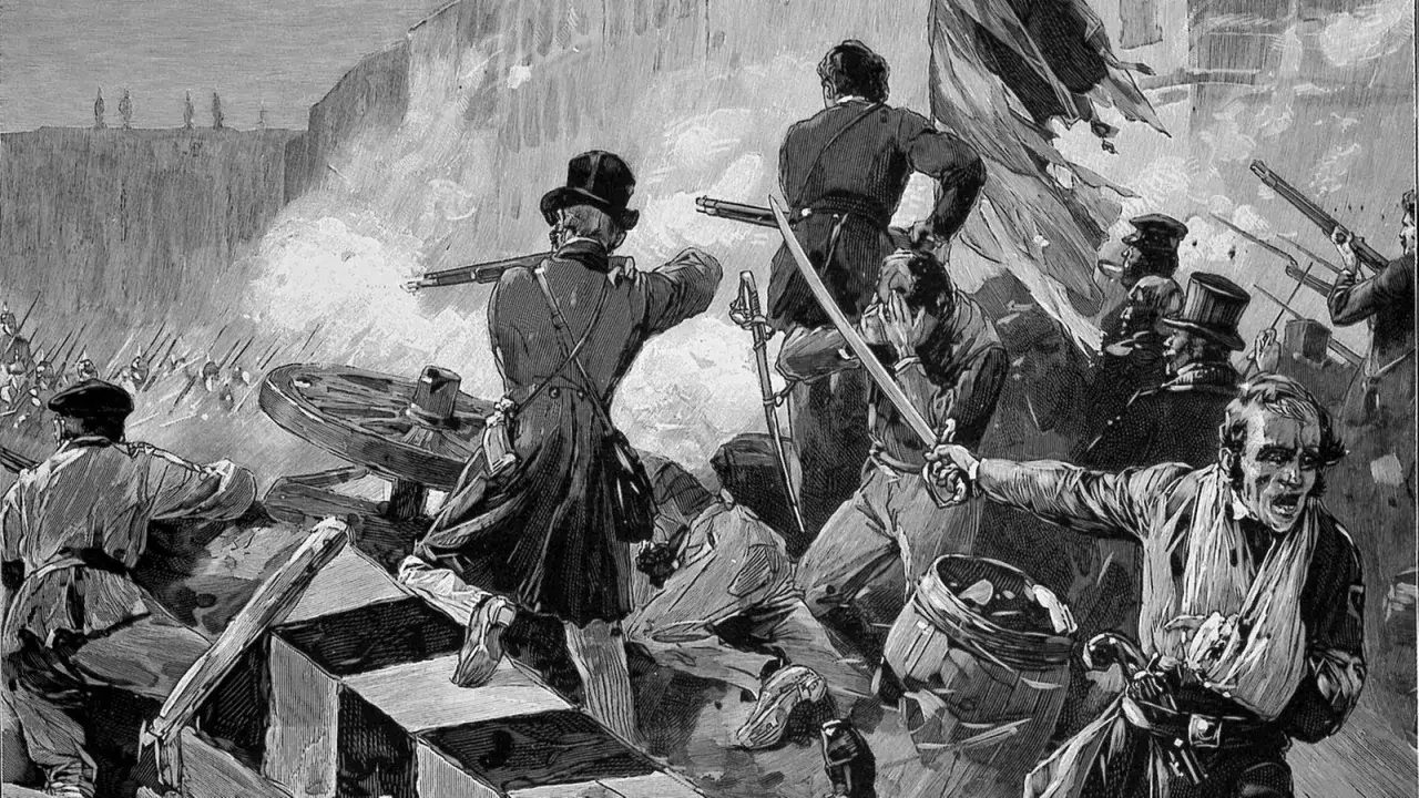 Kämpfe im Straßenkampf während der Gegenrevolution 1848. Soldaten feuern aus ihren Gewehren, während ein Mann mit verbundenem Arm verzweifelt kämpft.