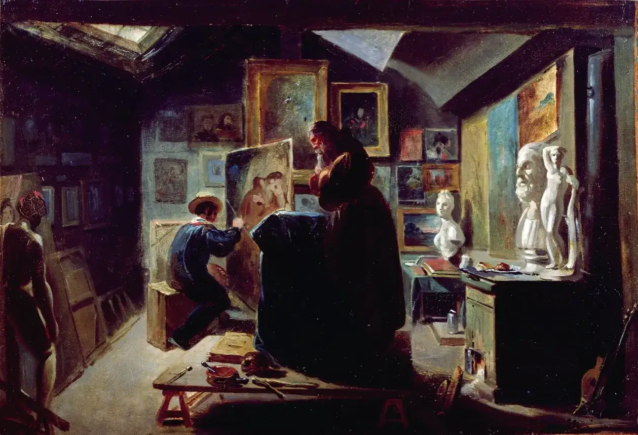 Dans un atelier d'artiste, un peintre travaille sur une toile. Des sculptures et des tableaux ornent la pi&egrave;ce, &eacute;voquant le r&ecirc;ve de comment vivre de son art.