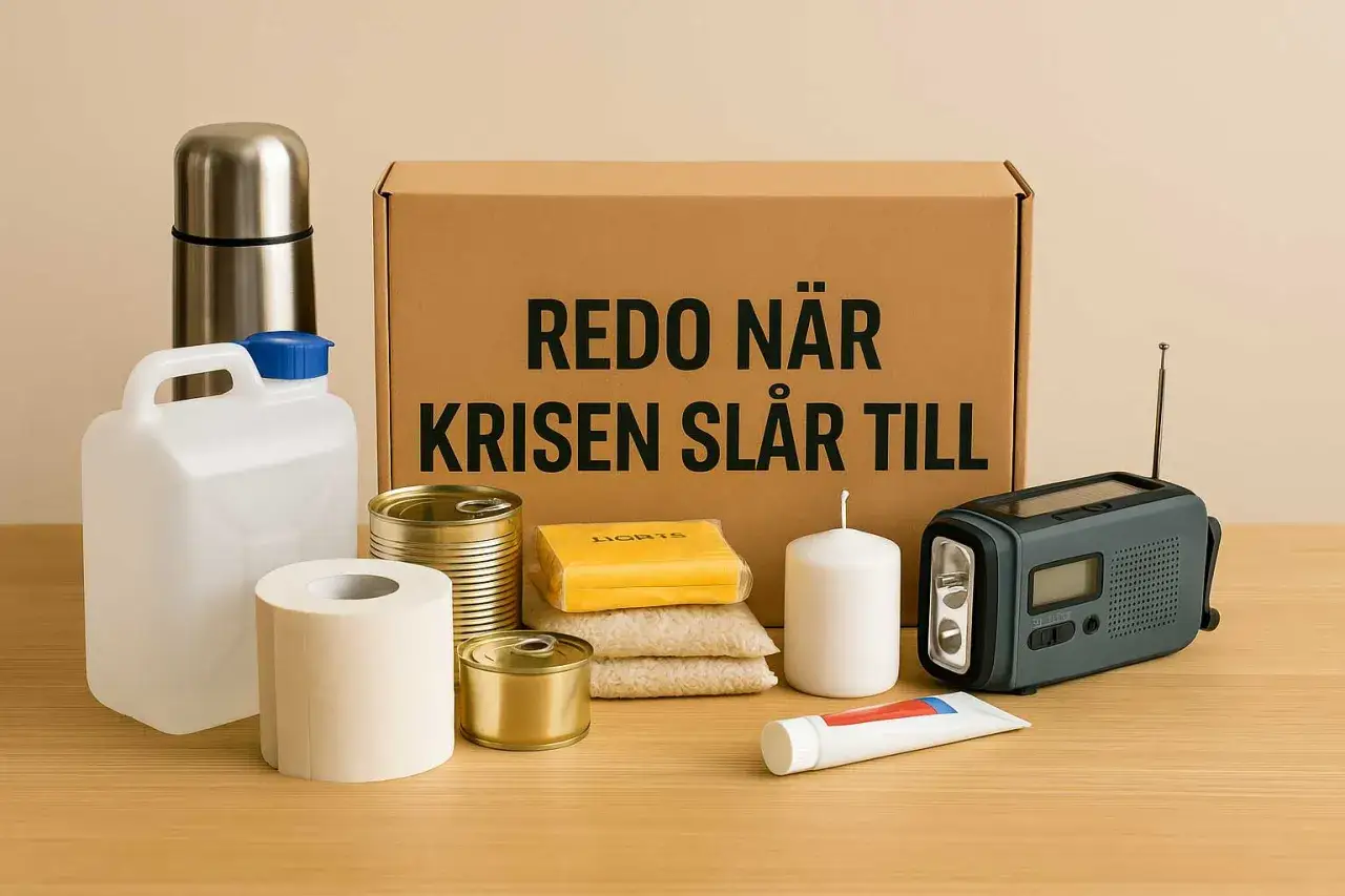 En evakueringsväska med nödvändigheter som konserver, vattenbehållare, toalettpapper, ljus, radio och tandkräm. Text på lådan: