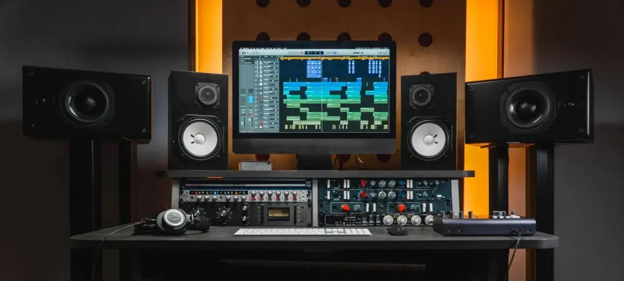Ein Tonstudio mit Lautsprechern, Monitor und Rack-Geräten. Perfektes **gain staging** für klare Aufnahmen.