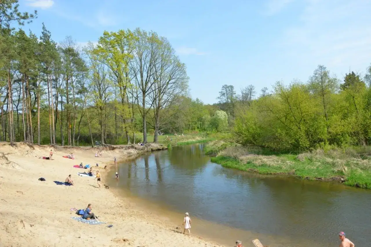 Słoneczny dzień nad rzeką w **bolimowskim parku krajobrazowym**. Ludzie odpoczywają na piaszczystej plaży, ciesząc się przyrodą.