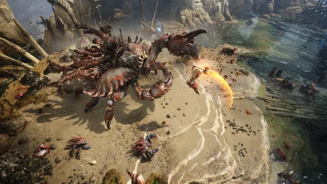 Wojowniczka walczy z gigantycznym krabem na plaży. W tle widać inne potwory i wodę. To scena z **diablo 4 demo**.