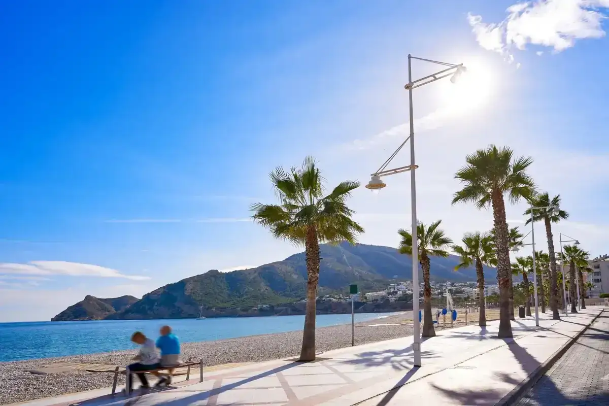 Pareja sentada en un banco en la playa cap blanc, con palmeras y monta&ntilde;as al fondo bajo un cielo azul brillante.