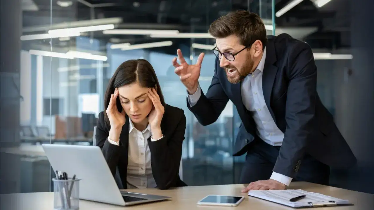 Szef krzyczy na pracownicę, która ma problem z inteligencją emocjonalną.