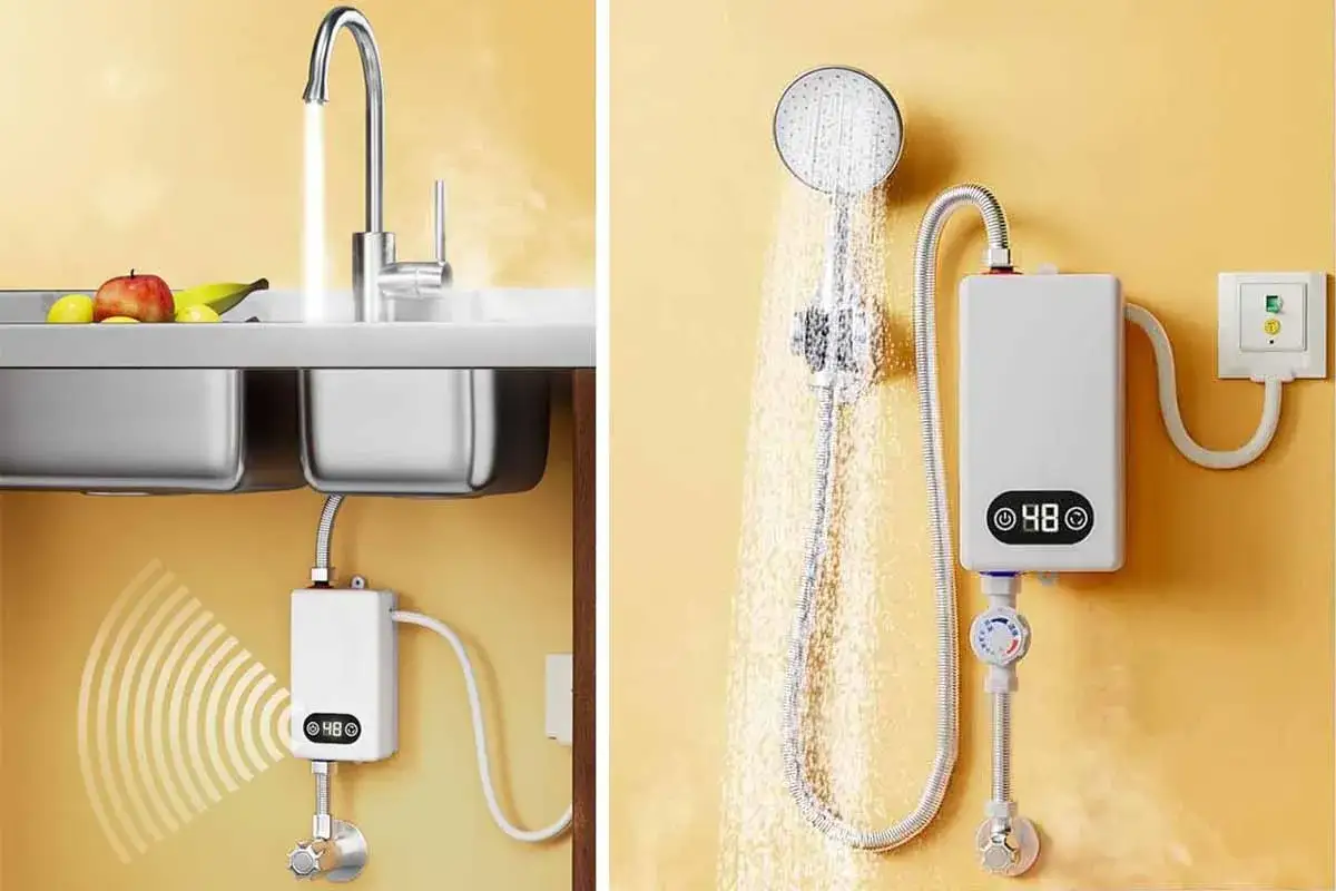 Production d'eau chaude instantanée : un chauffe-eau compact alimente un robinet de cuisine et une douche, offrant un confort immédiat.