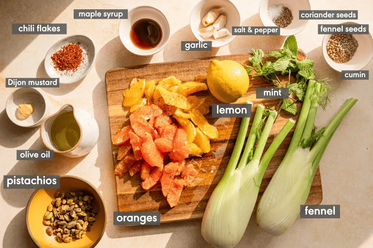 Zutaten für einen Fenchel-Orangen-Salat: Fenchel, Orangen, Zitrone, Minze, Olivenöl, Pistazien, Knoblauch, Chili-Flocken, Ahornsirup, Senf, Koriander, Kreuzkümmel, Salz & Pfeffer.