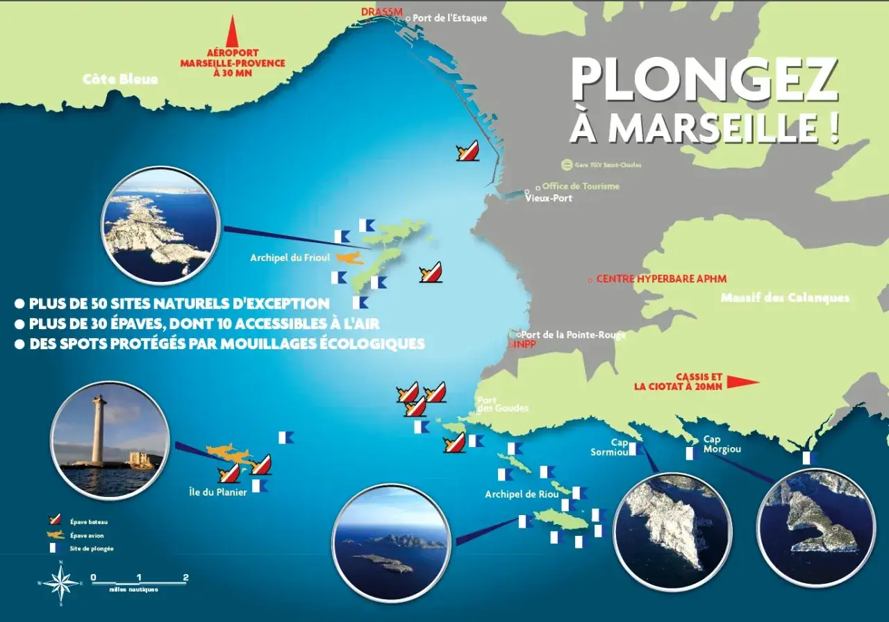 Carte des spots de plong&eacute;e &agrave; Marseille et ses environs, incluant des &eacute;paves et des sites naturels exceptionnels.