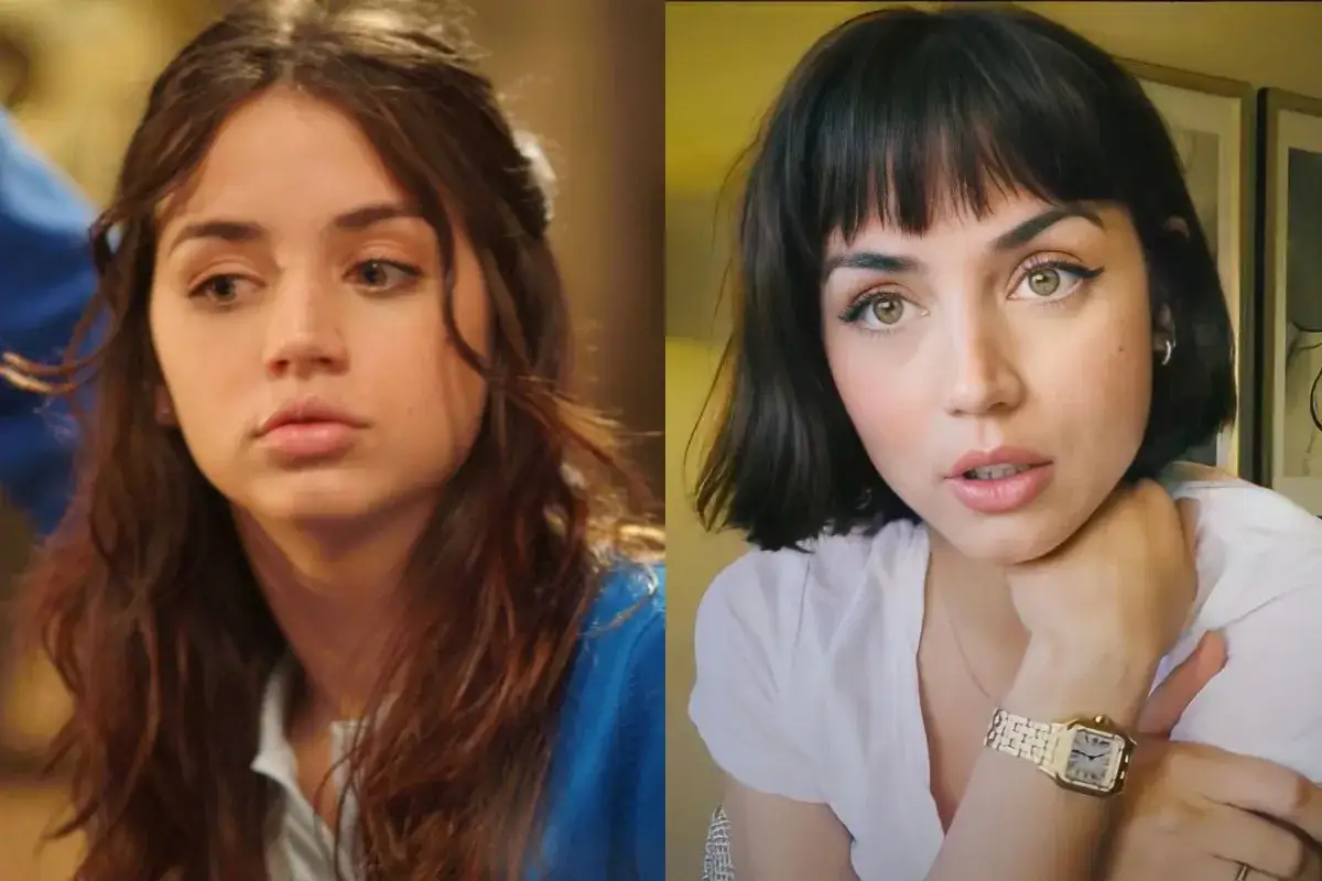Ana de Armas de joven, con cabello castaño largo y suelto en un lado, y con cabello oscuro corto y flequillo en el otro.