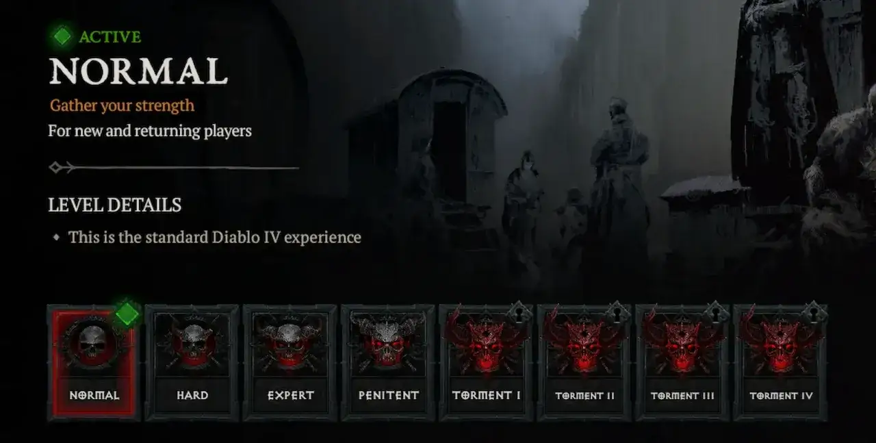 Wybór poziomu trudności w Diablo IV: NORMAL, HARD, EXPERT, PENITENT, TORMENT I-IV. Zacznij od NORMAL, by zebrać siły.