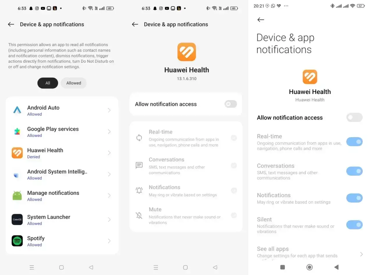Ustawienia powiadomień Huawei Health. Najnowsza wersja aplikacji pozwala na zarządzanie dostępem do powiadomień, w tym ich treścią i sposobem wyświetlania.