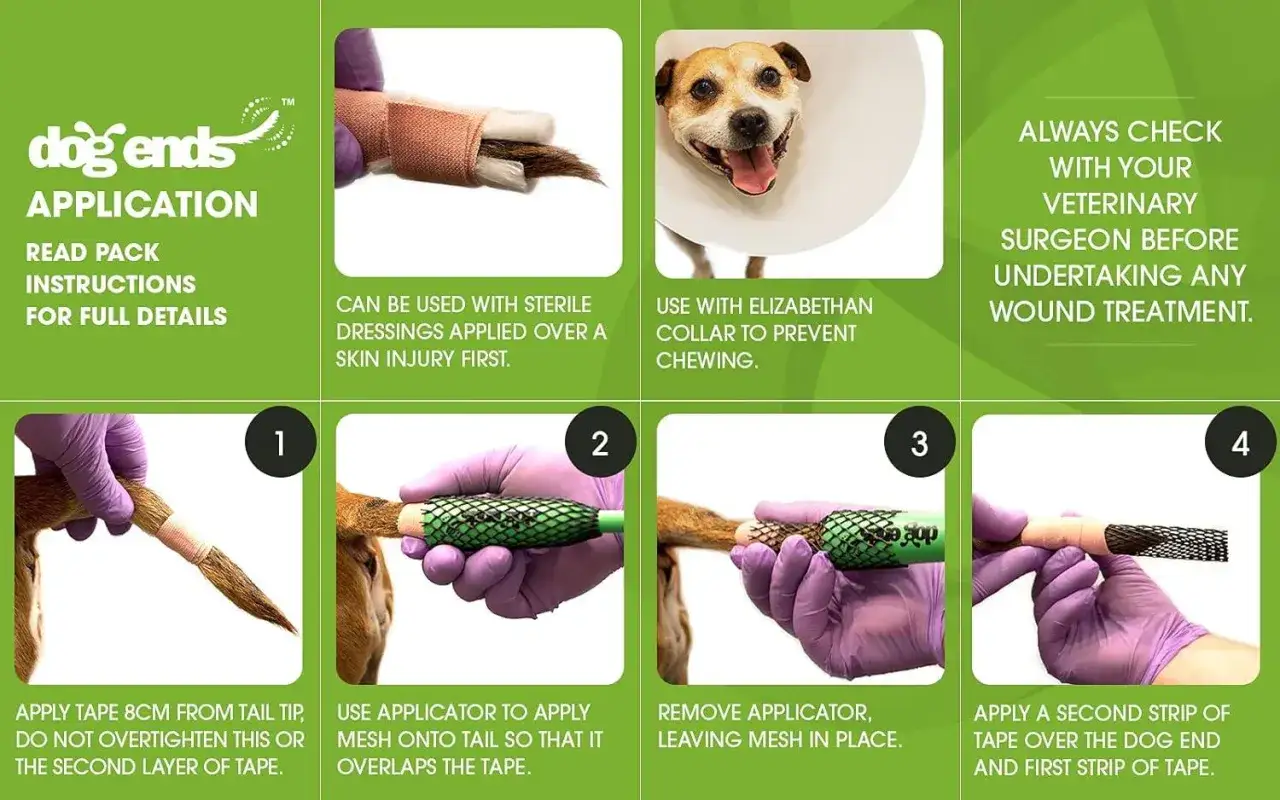 Diagram shows how to apply a protective mesh to a dog tail injury, preventing further damage.