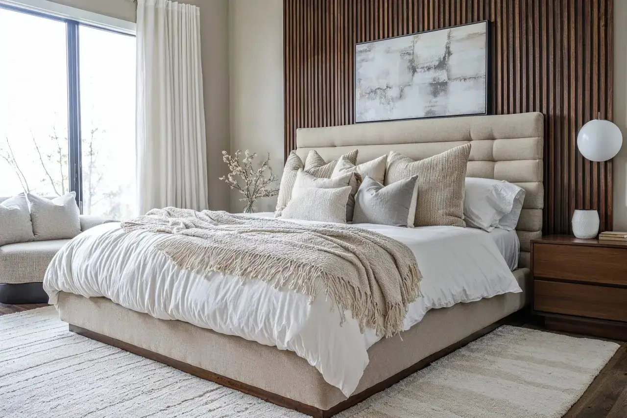 A beautifully staged master bedroom featuring a plush bed with textured pillows and a fringed throw, set against a slatted wood accent wall.