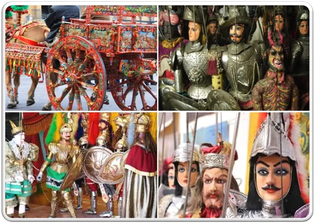 Carro siciliano decorato e pupi dell'Opera dei Pupi, espressione delle tradizioni siciliane.