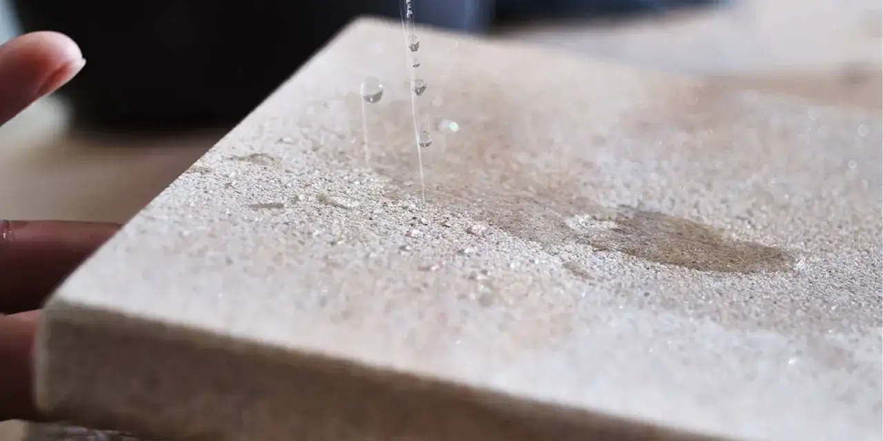 Wasser tropft auf Sandstein, der für die Reinigung eines Kamins vorbereitet wird.