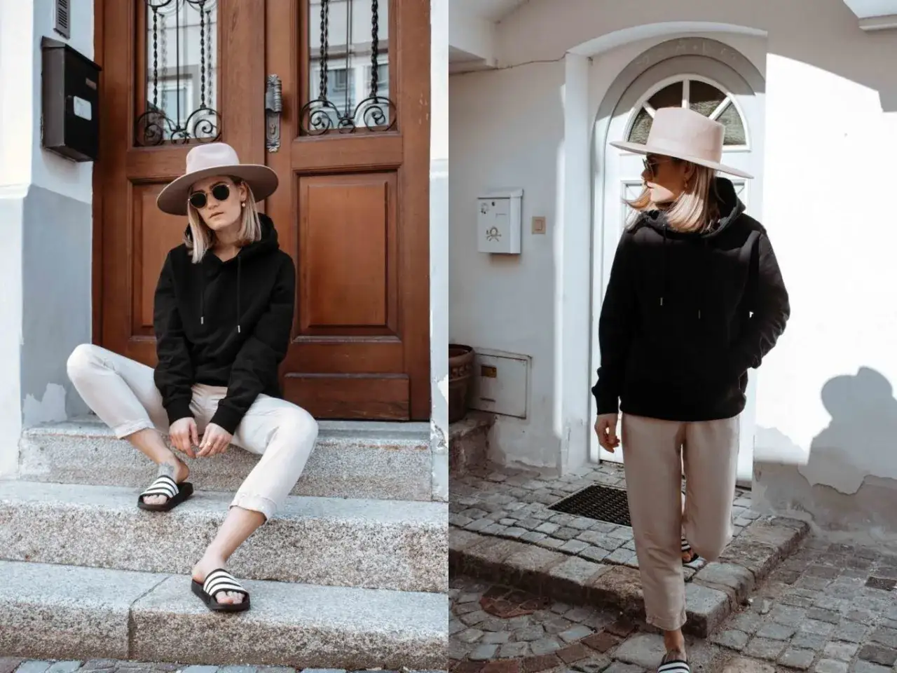 Une femme porte une tenue d&eacute;contract&eacute;e avec un sweat &agrave; capuche noir, un pantalon beige et un chapeau.