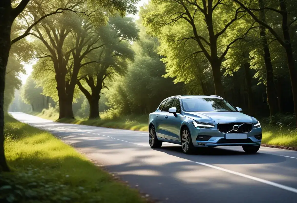 Blå Volvo kör på en grönskande väg, kanske med ett volvo d2 motor problem.