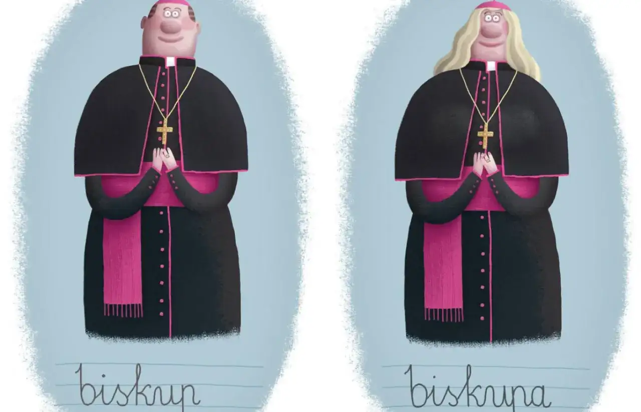 Biskup i biskupka, ilustracja pokazująca feminatywy w języku polskim.