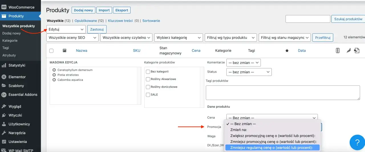 Panel administracyjny WooCommerce: masowa edycja produktów, opcja zmiany ceny promocyjnej.