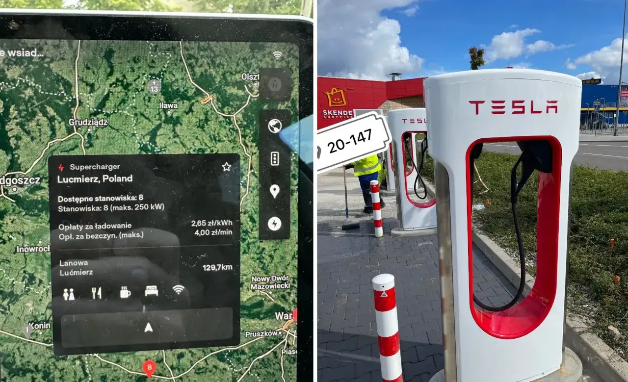Ładowanie Tesli w domu? Na ekranie nawigacji widać ceny: 2,65 zł/kWh i 4,00 zł/min. Obok ładowarki Supercharger w Łomiankach.