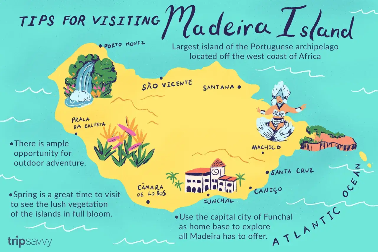 Mapa Madery, portugalskiej wyspy na Atlantyku, gdzie leży Madera. Pokazuje atrakcje, miasta i wskazówki dla turystów.
