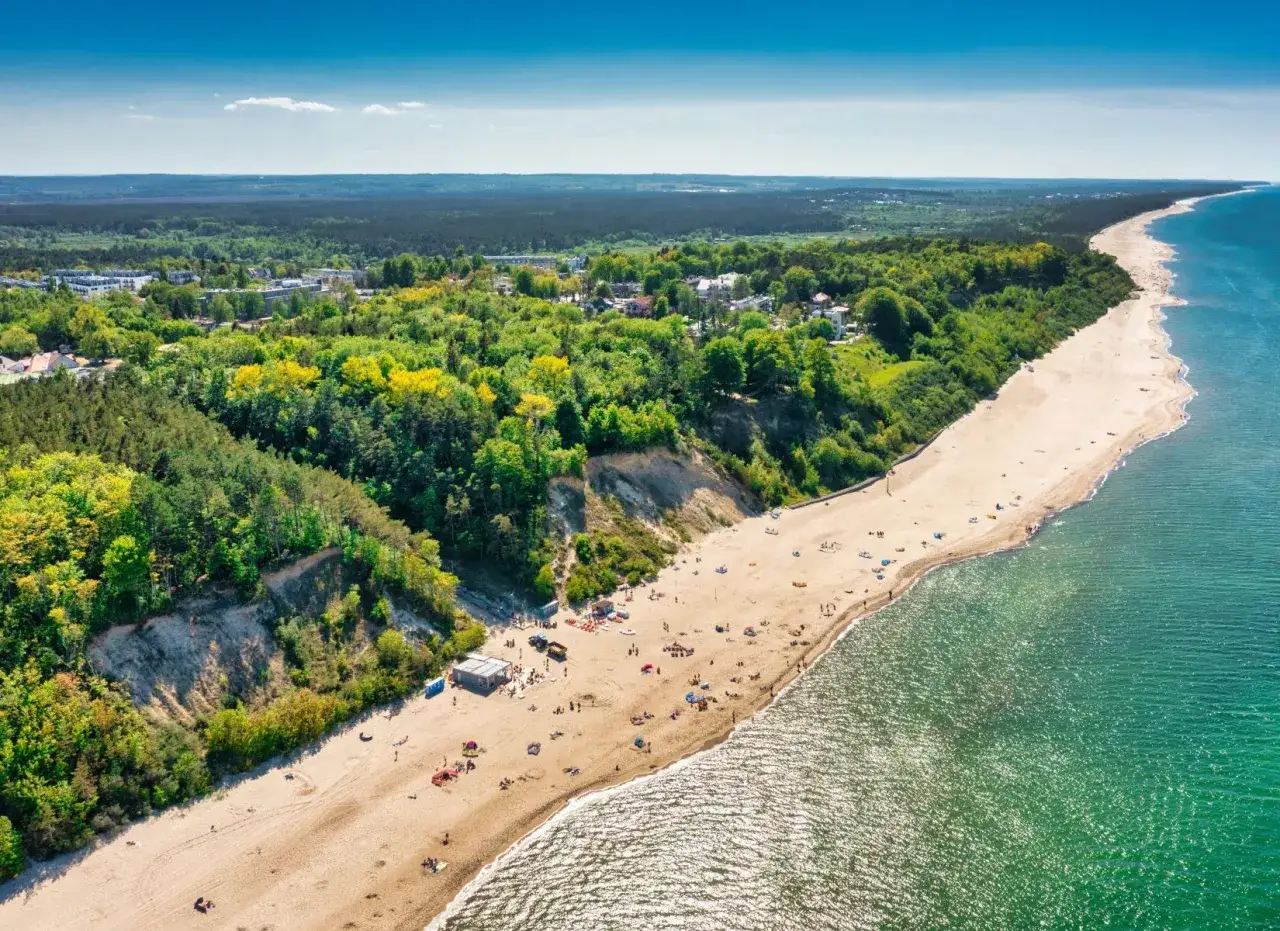 Jastrzębia Góra i okolice oferują piękne plaże i klify. Widać tu turystów wypoczywających na piasku, a w tle zielone lasy i zabudowania.