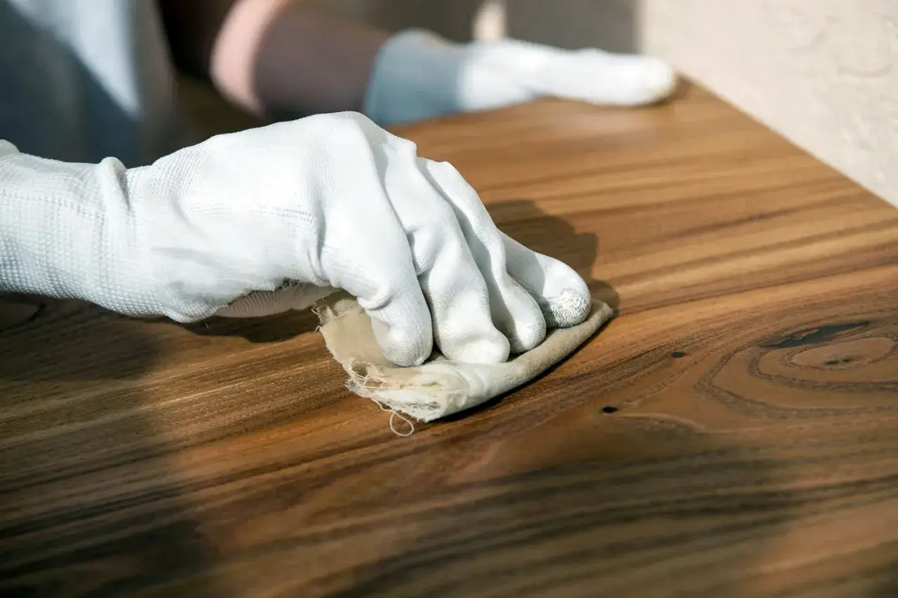 Mano guantata lucida un mobile in legno con cera d'api, esaltandone le venature naturali.