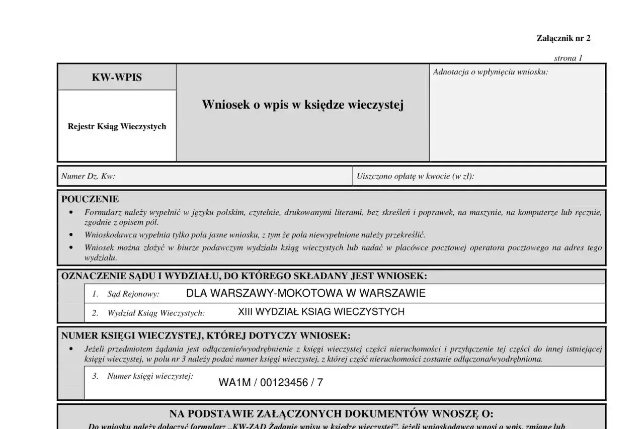 Formularz wniosku o dopisanie wsp&oacute;łwłaściciela mieszkania posiadając kredyt hipoteczny. Wniosek do sądu rejonowego.