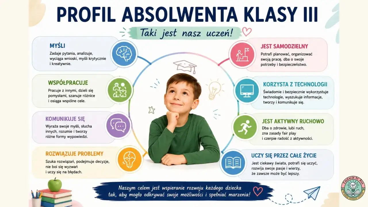Chłopiec zamyślony, otoczony ikonami symbolizującymi kluczowe wartości życiowe: myślenie, współpracę, komunikację, rozwiązywanie problemów, samodzielność, technologię, aktywność i naukę.