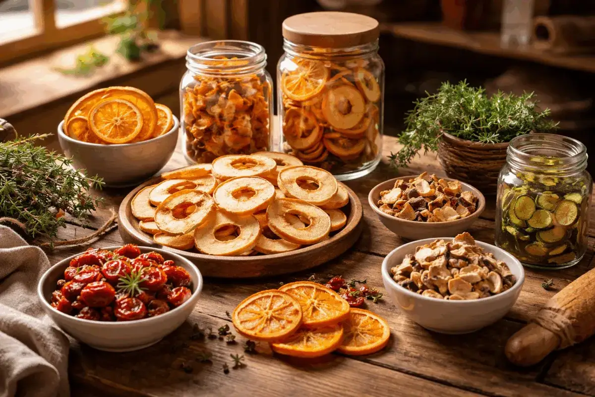 Frutta e verdura essiccate in barattoli e ciotole: mele, arance, pomodorini e zucchine. La conservazione tramite essiccazione preserva sapori e nutrienti.