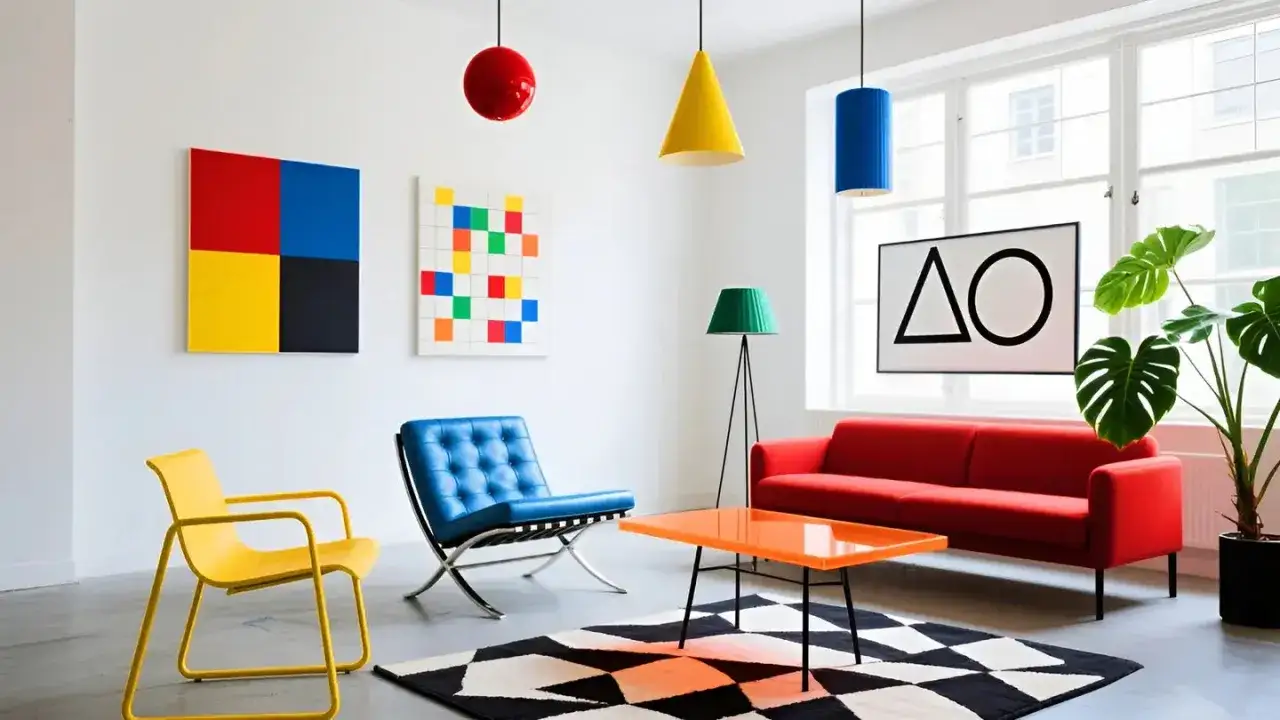 Ett vardagsrum med tydlig bauhaus inredningsstil. Gula och bl&aring; stolar, r&ouml;d soffa, geometriska tavlor och f&auml;rgglada lampor.