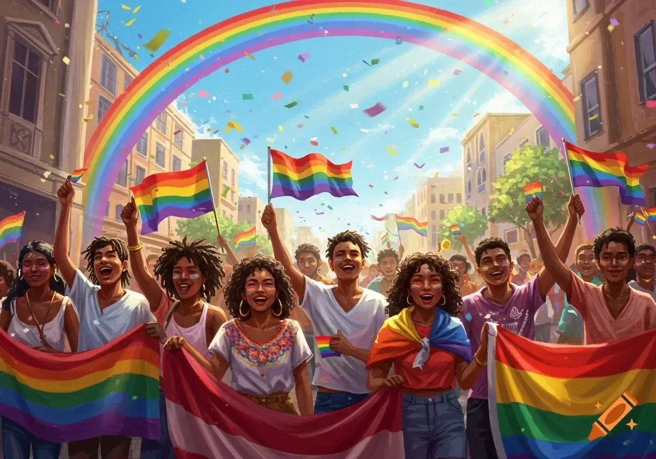 Joyful crowd celebrates at the biggest pride parade, waving rainbow flags under a vibrant arc of color and confetti.