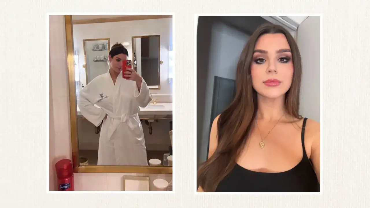Mujer en bata blanca se toma selfie en el ba&ntilde;o, mientras que en la otra imagen luce maquillaje y un collar. &iquest;Ser&aacute; que se atreve a dormir con el pelo mojado?