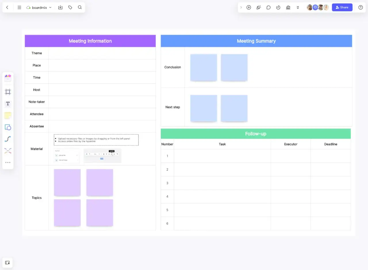A digital whiteboard template for board meeting minutes examples, featuring sections for meeting information, summary, and follow-up tasks.