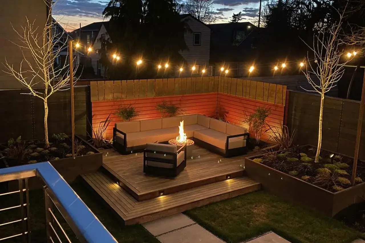 Cozy backyard makeover with a sectional sofa, fire pit, and string lights.