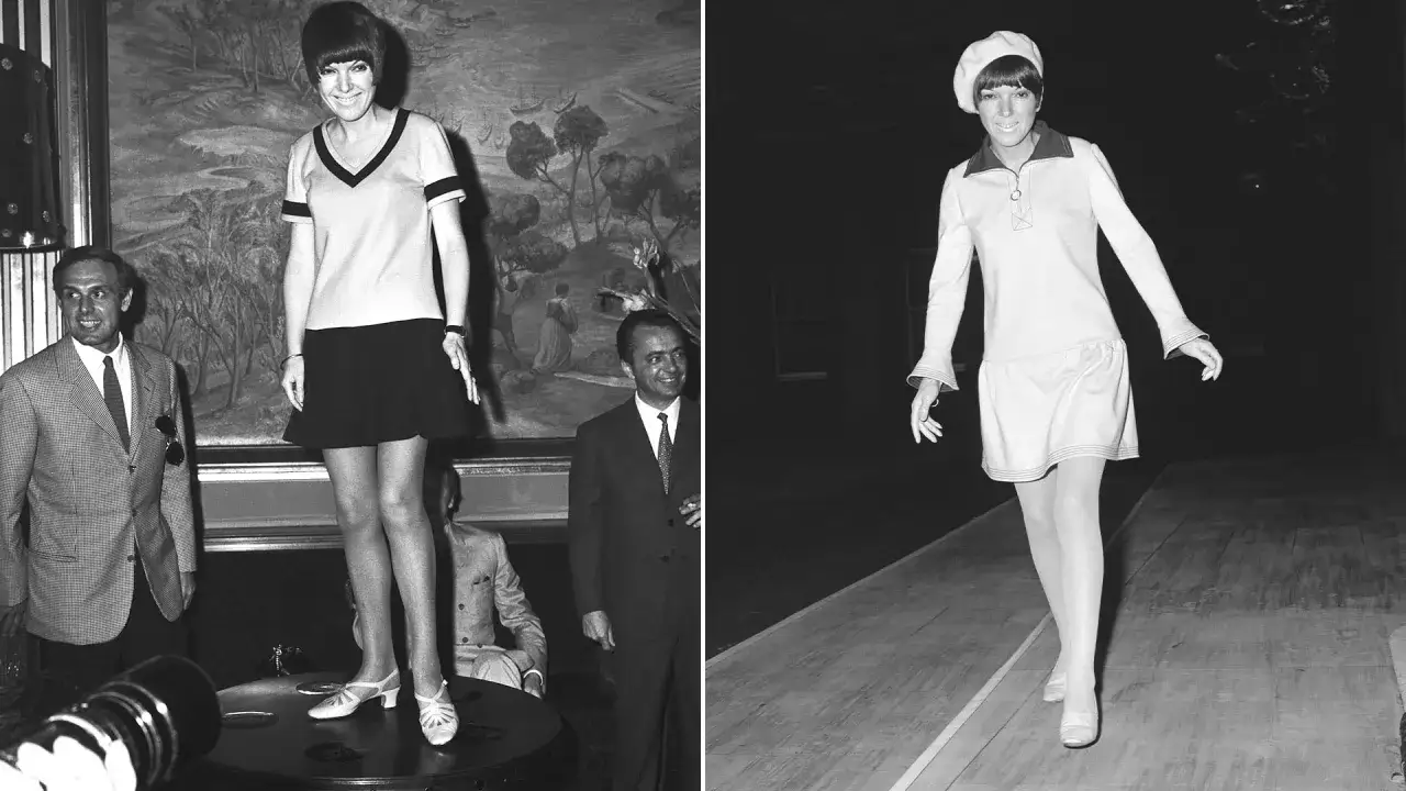 Mary Quant, ícono de la moda, luce un minivestido y un conjunto de falda y top en blanco y negro, definiendo el estilo de los 60.
