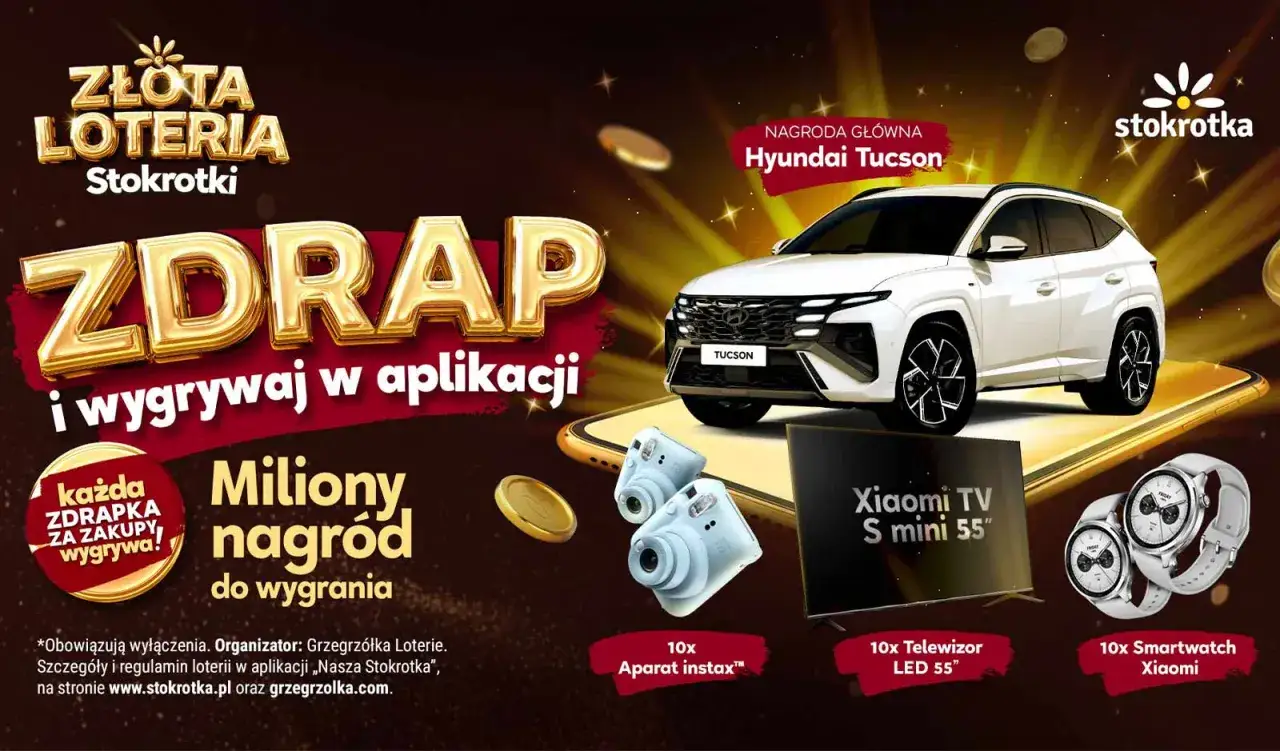 Złota Loteria Stokrotki: zdrap i wygrywaj w aplikacji! Główna nagroda: Hyundai Tucson. Dlaczego w Polsce nie ma zdrapek z nagrodami rzeczowymi jak samochody? Bo są!