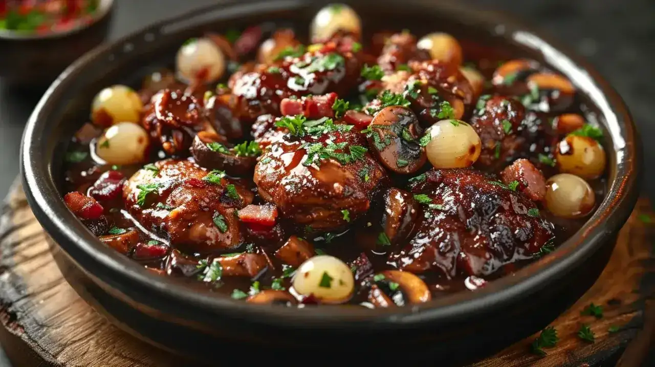 Un plat de coq au vin riche et savoureux, avec des morceaux de poulet tendres, des lardons, des champignons et des petits oignons. Quel vin pour un coq au vin ? Un Bourgogne rouge, bien s&ucirc;r !