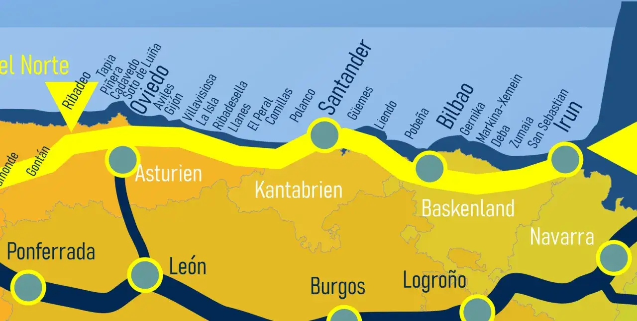 Karte des Camino Norte mit St&auml;dten wie Oviedo, Santander, Bilbao und Irun. Die Route f&uuml;hrt durch Asturien, Kantabrien und das Baskenland.