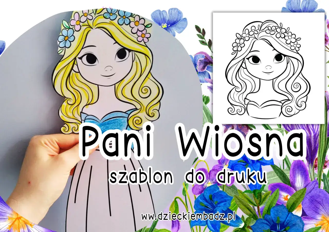 Kolorowa praca plastyczna: Pani Wiosna z wiankiem na głowie i niebieską suknią. Szablon do druku.